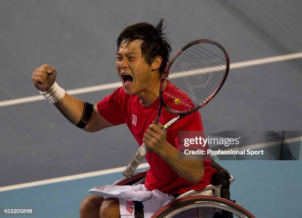 Shingo Kunieda of Japan celebrates victory over Stephane Houdet of France in the Mens Wheelchair Gold Medal match on day 10 of the London 2012...