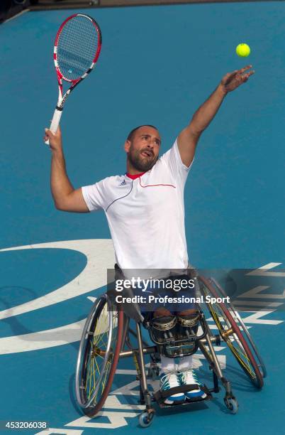 Micheal Jeremiasz of France in action against Diego Perez during the Paralympic Games at Eaton Manor in London, 1st September 2012.