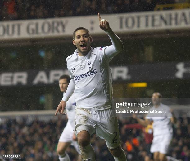 Clint Dempsey celebrates after scoring the 2nd goal for Tottenham Hotspur during the UEFA Europa League Group J match between Tottenham Hotspur and...