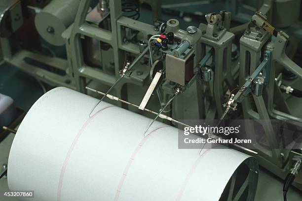 Instruments to register the magnitude of an earthquake at the Tokyo Seismological Center control room.