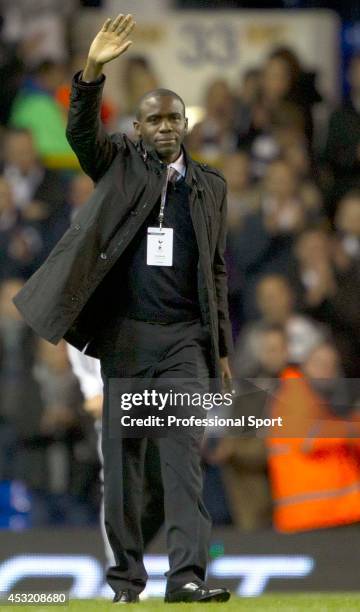 Former Bolton Wanderers player, Fabrice Muamba makes an emotional return to White Hart Lane during the UEFA Europa League group J match between...