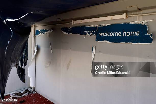 General view of derelict buildings at the Helliniko Olympic complex in Athens, Greece on July 31, 2014. Ten years ago the XXVIII Olympiad was held in...