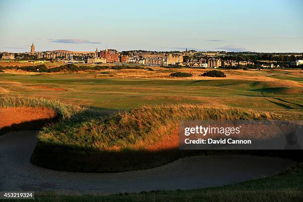 The approach to the green with 'Hell Bunker' on the par 5, 14th hole on the Old Course at St Andrews venue for The Open Championship in 2015, on July...