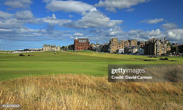 View from behind the green on the par 4, first hole on the Old Course at St Andrews venue for The Open Championship in 2015, on July 29, 2014 in St...