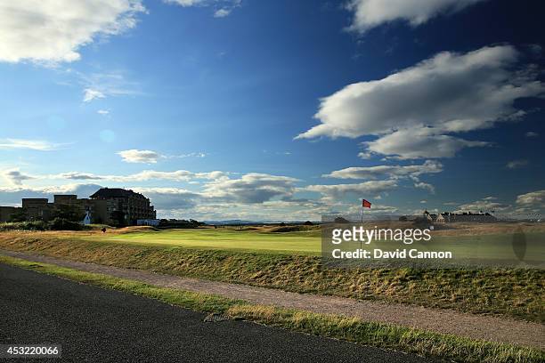 The road and wall behind the green on the 495 yards par 4, 17th hole 'Road' on the Old Course at St Andrews venue for The Open Championship in 2015,...
