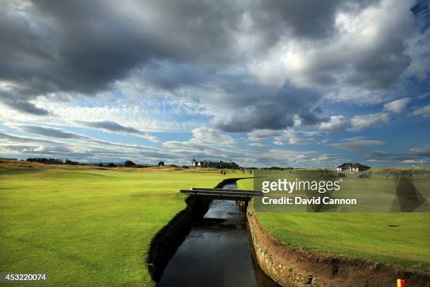 View of the Swilcan Burn which runs in front of the green on the par 4, 1st hole on the Old Course at St Andrews venue for The Open Championship in...