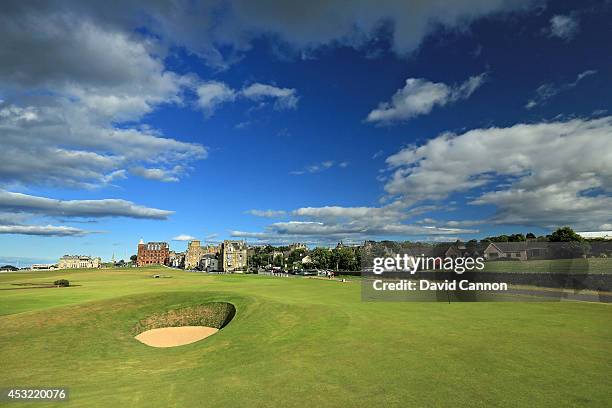 The 'Road Hole Bunker' which protects the green on the 495 yards par 4, 17th hole 'Road' on the Old Course at St Andrews venue for The Open...