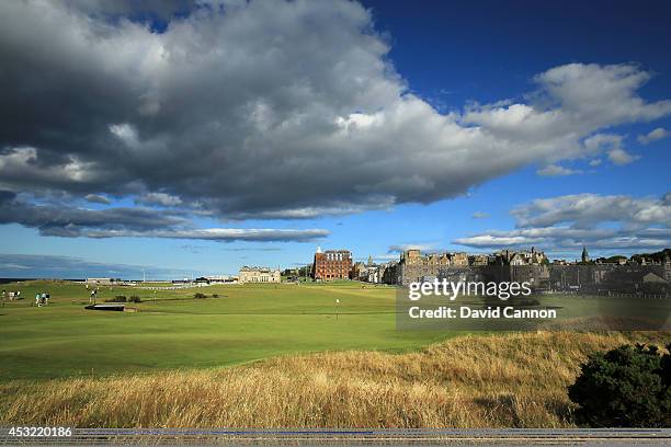 View from behind the green on the par 4, first hole on the Old Course at St Andrews venue for The Open Championship in 2015, on July 29, 2014 in St...