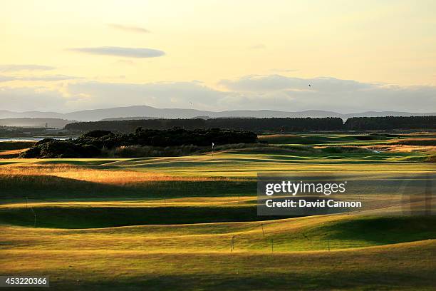 View of the approach from the 13th fairway in the evening shadows on the 412 yards par 4, 6th hole 'Heatherly Out' on the Old Course at St Andrews...