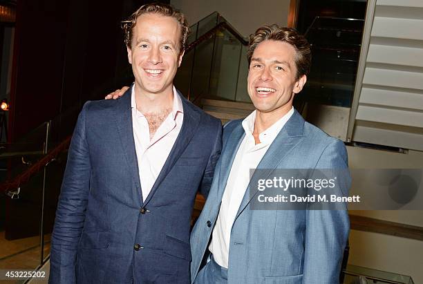 Cast members Geoffrey Streatfeild and Julian Ovenden attend an after party following the press night performance of "My Night With Reg", playing at...
