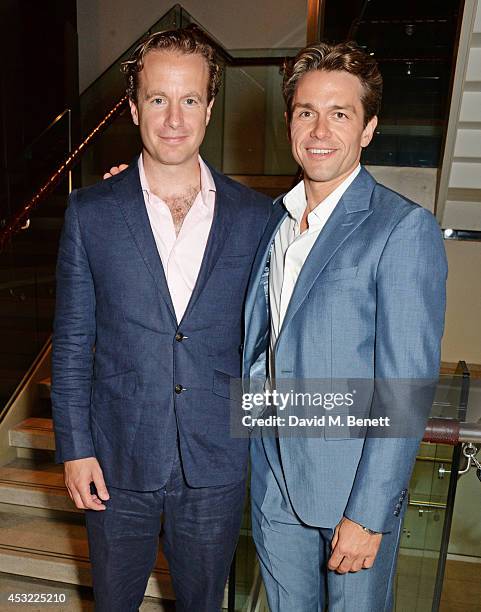 Cast members Geoffrey Streatfeild and Julian Ovenden attend an after party following the press night performance of "My Night With Reg", playing at...