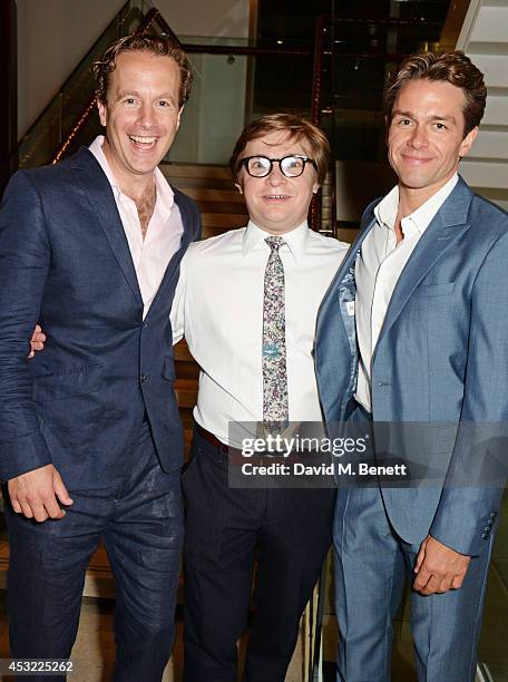 Cast members Geoffrey Streatfeild, Jonathan Broadbent and Julian Ovenden attend an after party following the press night performance of "My Night...