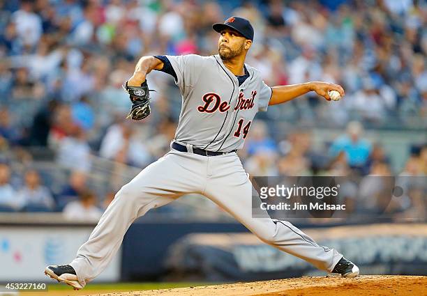 David Price of the Detroit Tigers pitches in the first inning against the New York Yankees at Yankee Stadium on August 5, 2014 in the Bronx borough...