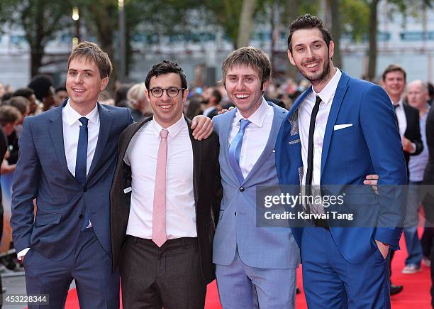 Joe Thomas, Simon Bird, James Buckley and Blake Harrison attend the World Premiere of "The Inbetweeners 2" at Vue West End on August 5, 2014 in...