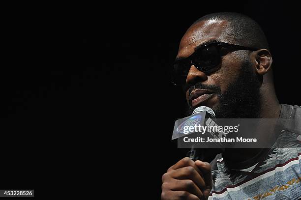 Mixed martial artist Jon Jones talks at LA Live during a UFC Q&A on August 5, 2014 in Los Angeles, California.