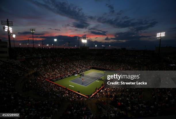 Fans watch the match between Shelby Rogers of the USA and Eugenie Bouchard of Canada during Rogers Cup at Uniprix Stadium on August 5, 2014 in...