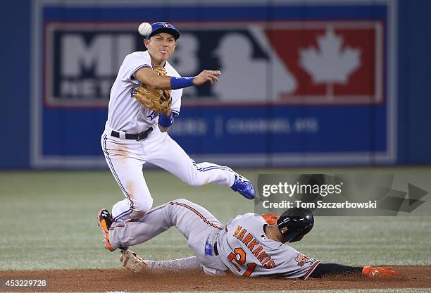 Munenori Kawasaki of the Toronto Blue Jays gets the force out at second base but cannot turn the double play in the sixth inning during MLB game...