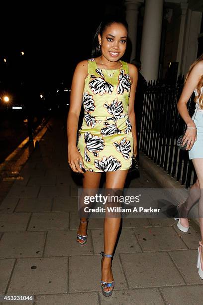 Dionne Bromfield seen leaving The Langham Hotel after attending Pixie Lott's album launch party on August 5, 2014 in London, England.