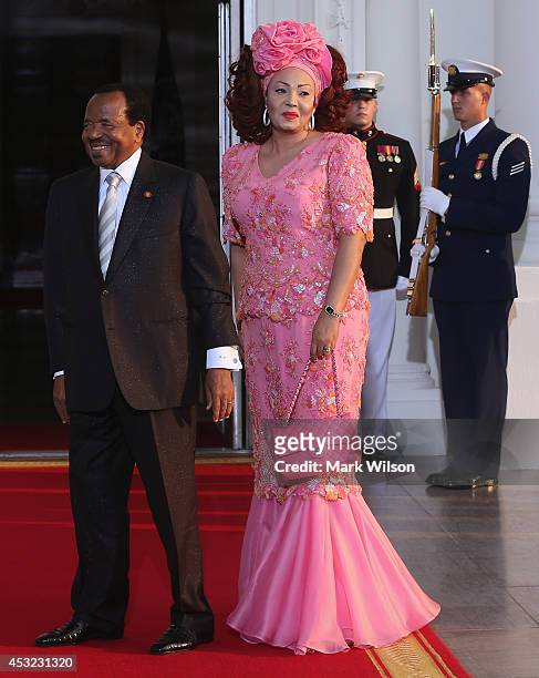 Cameroon President Paul Biya and spouse Chantal Biya arrive at the North Portico of the White House for a State Dinner on the occasion of the U.S....
