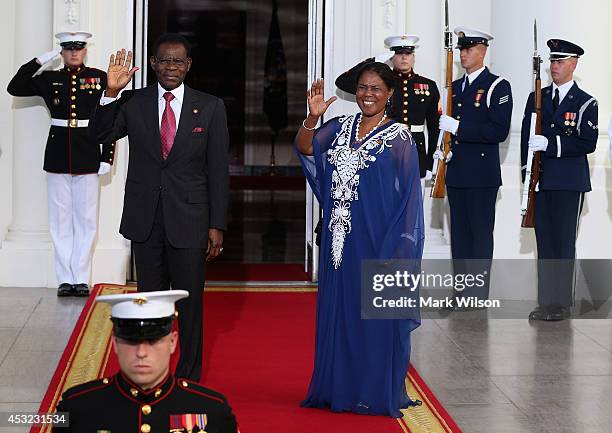 Equatorial Guinea President Teodoro Obiang Nguema Mbasogo and spouse Constancia Mangue De Obiang arrive at the North Portico of the White House for a...