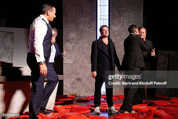 Producer Jean Martinez, actor Davy Sardou, stage director Steve Suissa and actor Francis Huster on stage after "L'Affrontement" play during the 30th...