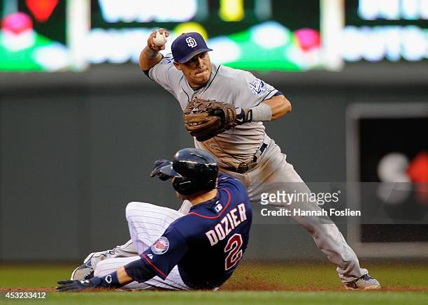 Brian Dozier of the Minnesota Twins is out at second base as Everth Cabrera of the San Diego Padres turns a double play during the third inning of...
