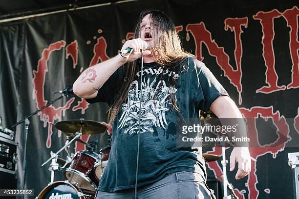 George "Corpsegrinder" Fisher of Cannibal Corpse the Rockstar Energy Drink Mayhem Festival at Lakewood Amphitheatre on August 5, 2014 in Atlanta,...