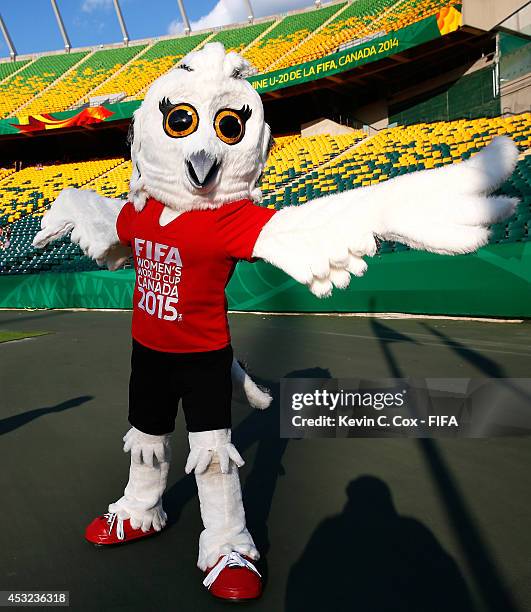 Shuéme, mascot for the FIFA Womens World Cup Canada 2015, poses for a photo at Commonwealth Stadium on August 5, 2014 in Edmonton, Canada.