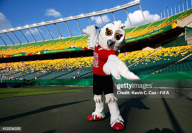 Shuéme, mascot for the FIFA Womens World Cup Canada 2015, poses for a photo at Commonwealth Stadium on August 5, 2014 in Edmonton, Canada.