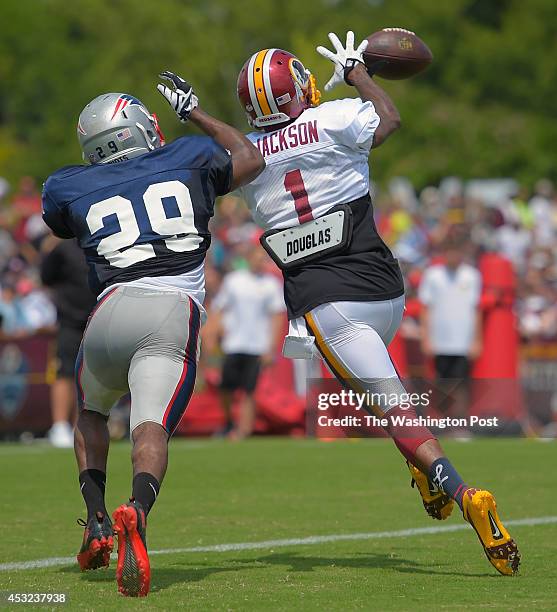 New England defensive back Malcolm Butler , left, cannot catch up with Washington wide receiver DeSean Jackson making a reception during day 13 of...