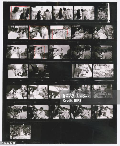 Contact sheet depicting Elizabeth Taylor and Montgomery Clift on the set of Edward Dmytryk's 'Raintree County', during location filming near...