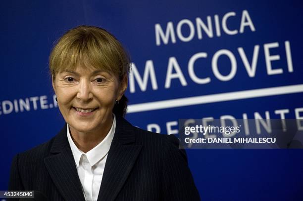 Romanian Democratic Liberal MEP Monica Macovei is pictured during a press conference in Bucharest on August 6, 2014. Macovei places herself outside...