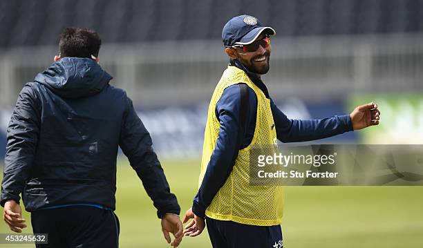 India batsman Ravindra Jadeja and Virat Kholi share a joke during India nets nets ahead of the 4th Test match between England and India, at Old...