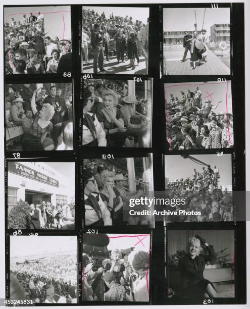 Contact sheet depicting American actress Marilyn Monroe on location at Arizona State Fairgrounds to film the rodeo scenes for Joshua Logan's 'Bus...