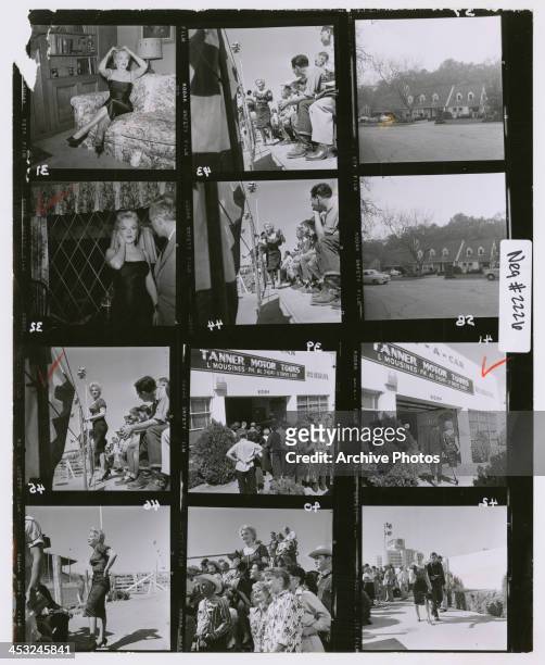 Contact sheet depicting American actress Marilyn Monroe on location in Phoenix, Arizona to film the rodeo scenes for Joshua Logan's 'Bus Stop', USA,...