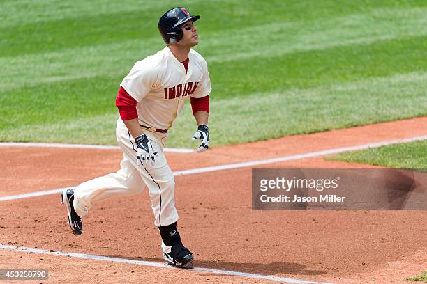 George Kottaras of the Cleveland Indians hits a solo home run during the third inning against the Chicago White Sox at Progressive Field on May 4,...