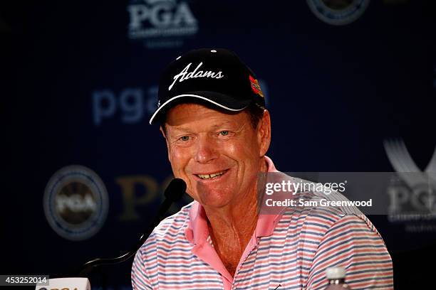 Tom Watson, U.S. Ryder Cup Captain, is interviewed during a press conference prior to the start of the 96th PGA Championship at Valhalla Golf Club on...