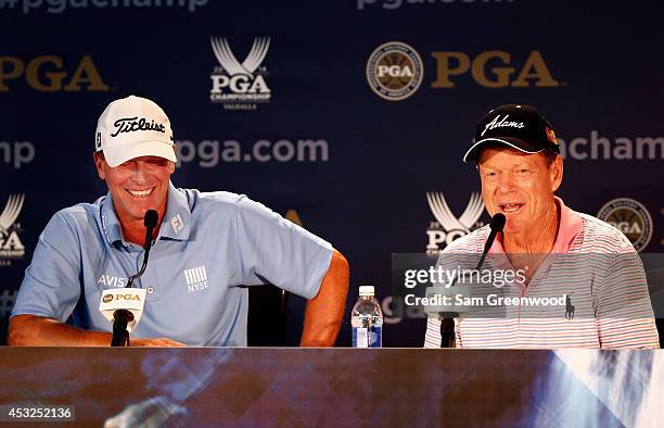 Steve Stricker of the United States and Tom Watson, U.S. Ryder Cup Captain, are interviewed during a press conference prior to the start of the 96th...