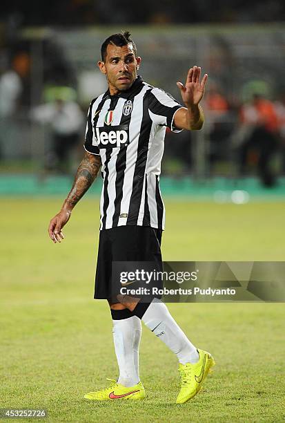 Carlos Tevez of Juventus FC in action during the pre-season friendly match between Indonesia Selection All Star Team and Juventus FC at Gelora Bung...