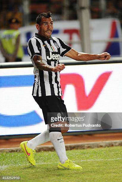Carlos Tevez of Juventus FC in action during the pre-season friendly match between Indonesia Selection All Star Team and Juventus FC at Gelora Bung...