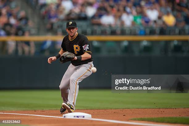 Brent Morel of the Pittsburgh Pirates fields a ground ball as he plays third base against the Colorado Rockies in the first inning of a game at Coors...