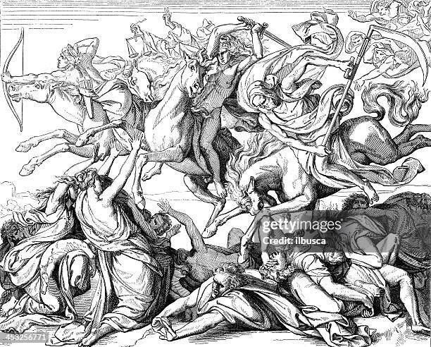 antique illustration of four horsemen o the apocalypse - horse jockey stock illustrations