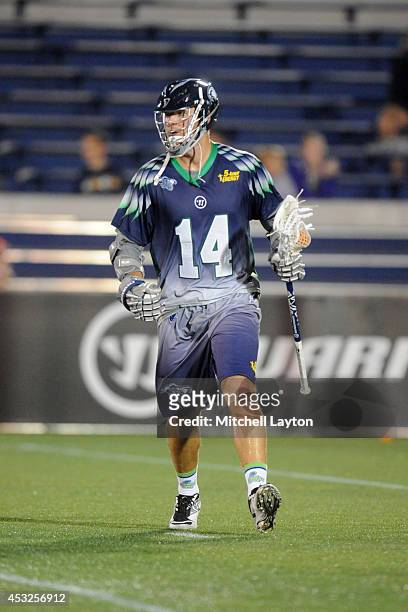Drew Westervelt of the Chesapeake Bayhawks with the ball during a Major League Lacrosse game against the Denver Outlaws on July 31, 2014 at...