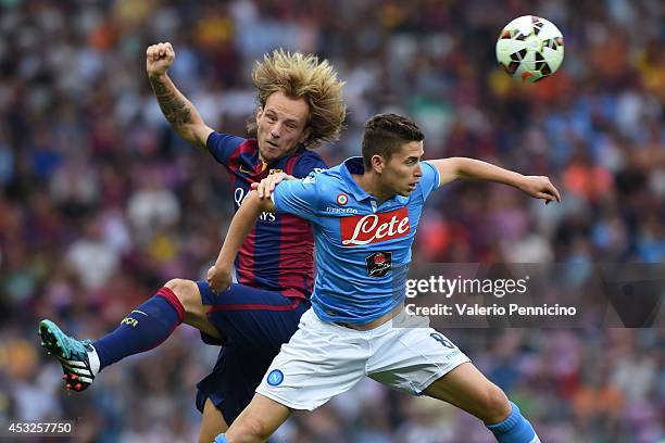 Ivan Rakitic of FC Barcelona clashes with Jorginho of SSC Napoli during the pre-season friendly match between FC Barcelona and SSC Napoli on August...