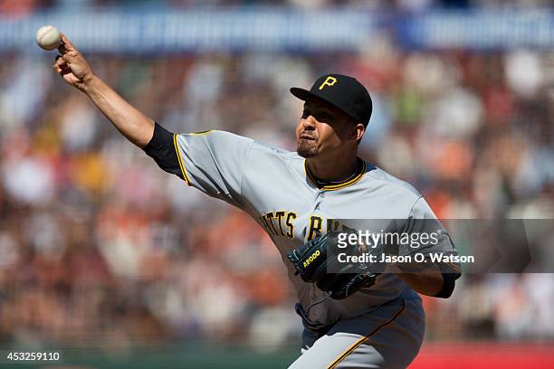 Ernesto Frieri of the Pittsburgh Pirates pitches against the San Francisco Giants during the eighth inning at AT&T Park on July 30, 2014 in San...