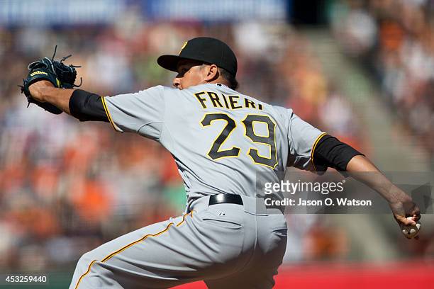 Ernesto Frieri of the Pittsburgh Pirates pitches against the San Francisco Giants during the eighth inning at AT&T Park on July 30, 2014 in San...