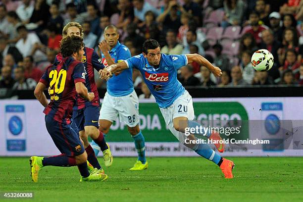 Sergi Roberto of FC Barcelona and Blerim Dzemaili of SSC Napoli in action during the pre-season friendly match between FC Barcelona and SSC Napoli on...