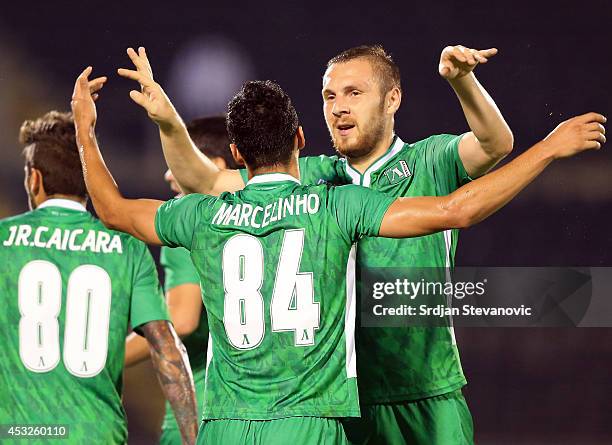 Marcelinho of FC Ludogorets Razgrad celebrate the goal with the Cosmin Moti during the UEFA Champions League third qualifying round 2nd leg match...