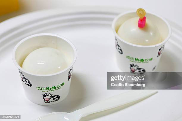 Narita Dream Dairy Farm Corp.'s Milk-dama milk pudding, an in-flight sweet for Vanilla Air, sits on display during a media preview at Narita Airport...