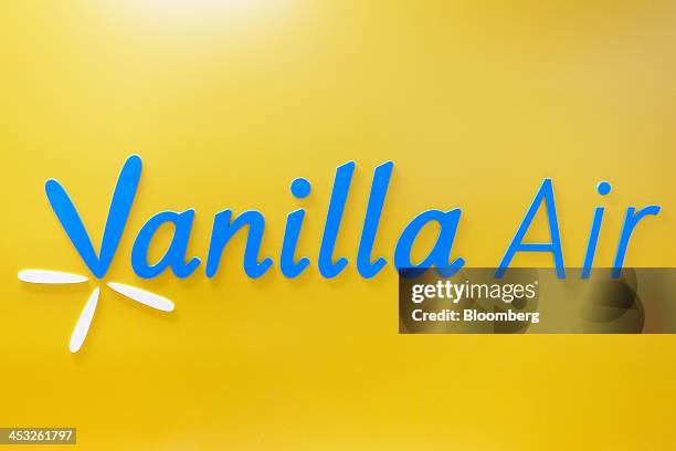 The Vanilla Air logo is displayed at the company's office during a media preview at Narita Airport in Narita, Chiba Prefecture, Japan, on Tuesday,...